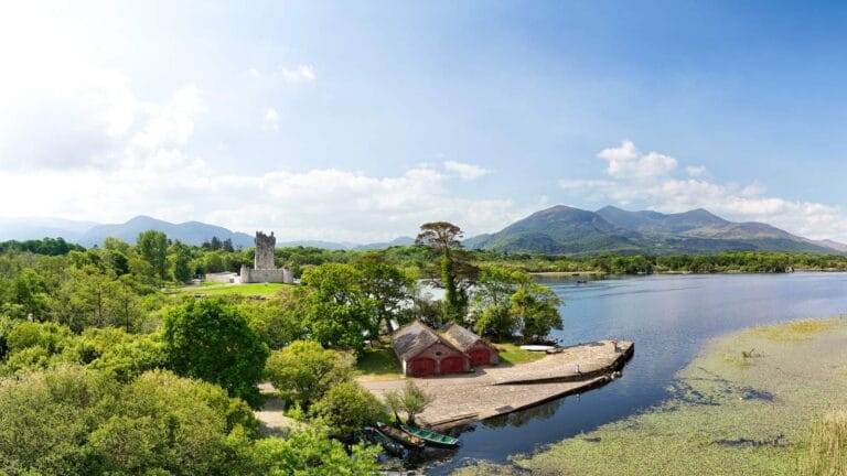 Reen Pier and Ross Castle panorama from drone